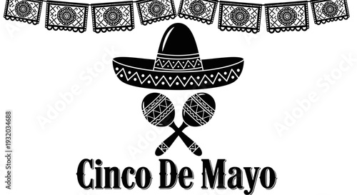 Cinco De Mayo sombrero, maracas, and festive banner decorations, black and white