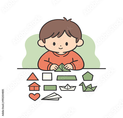 Cozy child folds paper shapes at a table, simple forms arranged in rows, calm rhythm in motion. | paper shapes, paper folding,
