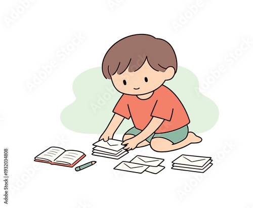 Soft child kneels on the floor sorting envelopes into neat piles while a notebook and pencil rest beside them. | child learning