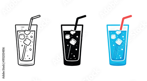 Icy refreshment concept shown as a tall glass of cold beverage with straw and condensation droplets, identical silhouette in