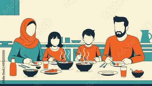 a modern muslim family of four enjoying a warm dinner meal together at home depicting islamic family values and daily life.
