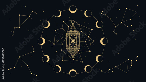 mystical celestial lantern with moon phases and constellations in a dark night sky symbolizing cosmic wonder and spiritual journey.
