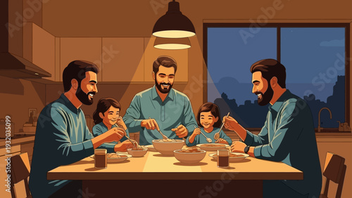 south asian family men and girls sharing a joyful evening dinner in a warm home kitchen illustrating togetherness.