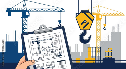 A vibrant vector illustration showcases a construction site with multiple cranes and buildings in progress, viewed from the perspective of a person holding a blueprint on a clipboard.