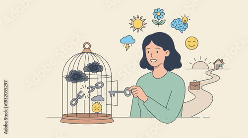 Woman Locking Negative Emotions and Sadness in Birdcage to Embrace Positive Thinking and Mental Freedom. Concept of Psychological Wellbeing, Optimism, Self-Care, and Overcoming Depression.