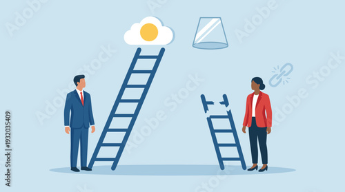 Gender Inequality Concept with Businessman and Businesswoman at Career Ladders, Illustrating the Glass Ceiling, Broken Rungs, and Unequal Opportunities for Professional Growth in Corporate World