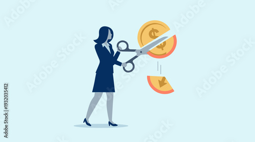 Businesswoman using large scissors to cut a gold dollar coin in half, symbolizing cost reduction, budget cuts, financial management, economic savings, and price decrease in a flat vector style.