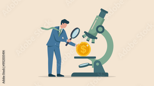 Businessman in a suit using a magnifying glass to examine a gold dollar coin under a microscope, representing financial analysis, investment research, wealth management, and economic scrutiny.