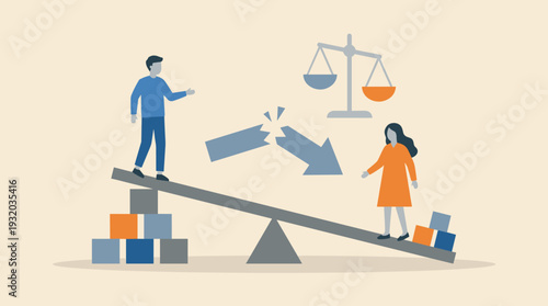 Gender inequality and gap between men and women concept with social unfairness and disparity. Man and woman on unbalanced seesaw with scale of justice symbol representing career discrimination.