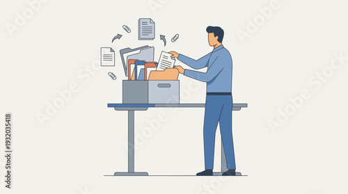Businessman or Employee Organizing Files and Documents in a Box at an Office Desk, Concept of Document Management, Archiving, and Efficient Workflow in a Business Company, Vector Illustration