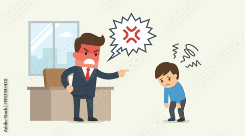 Angry boss shouting at sad employee in office, aggressive businessman yelling at worker with speech bubble, workplace harassment and toxic work environment concept vector illustration.