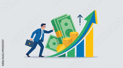 Businessman in Blue Suit Pushing Money and Coins Up a Rising Financial Bar Chart with an Upward Arrow, Symbolizing Investment Growth, Profit Increase, Wealth Accumulation, and Economic Success.