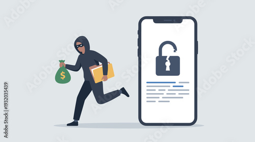 Cyber Security and Mobile Hacking Concept: A masked thief steals personal data and money from a smartphone with a broken padlock. Illustration of digital crime, data breach, and identity theft.