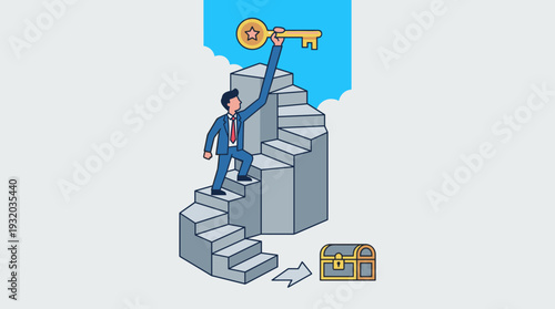 Businessman Climbing a Spiral Staircase to Reach a Golden Key of Success, Representing Career Growth, Achievement, Goal Setting, and Finding the Secret to Unlocking a Treasure Chest of Fortune.