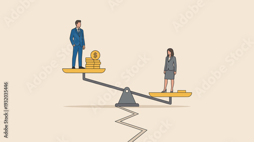 Gender Pay Gap and Corporate Inequality Concept with Businessman and Businesswoman on Seesaw Scale Showing Financial Disparity, Unfair Salary Distribution, and Social Injustice in Workplace.