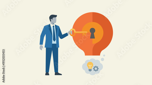 Businessman Unlocking a Solution with a Golden Key into a Question Mark Keyhole, Concept of Problem Solving, Finding Answers, Innovation, and Creative Strategy in Business Vector Illustration.
