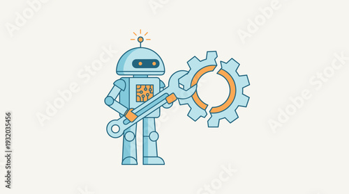 Robot Character Repairing Broken Cogwheel with Wrench, Concept of AI Maintenance, Automated Technical Support, Machine Learning Service, Mechanical Engineering and Future Technology Illustration