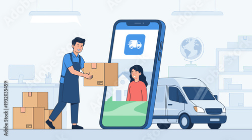 Delivery Man Sending Goods and Purchase Order Package from Online Store to Customer via Smartphone App, E-commerce Logistics Service with Courier, Shipping Van and Warehouse Background Illustration