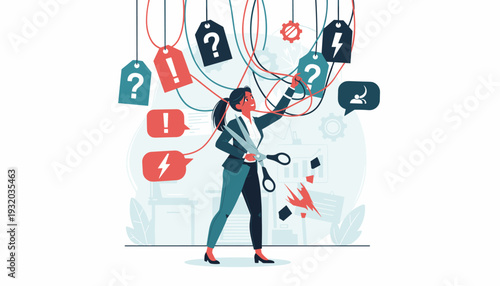Businesswoman cutting through tangled strings of problems with large scissors, finding business solutions and overcoming challenges, conceptual vector illustration of effective problem solving.