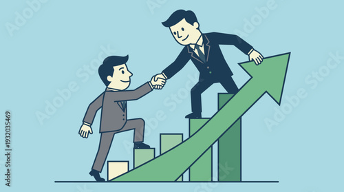 Businessman giving a helping hand to a coworker on a rising bar graph, representing support, mentorship, and team success in a professional corporate environment with a green upward arrow.