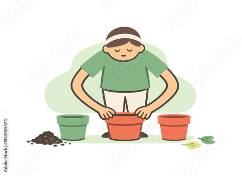 Peace person arranges garden pots on the patio, spacing planters evenly while soil smudges and leaves sit nearby todaynow. |