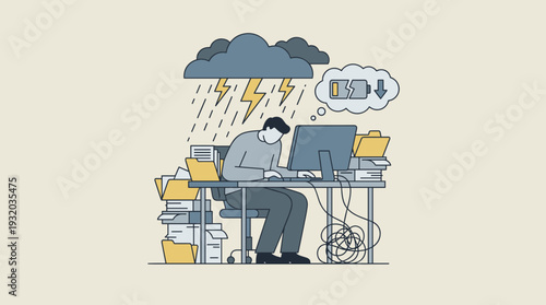 Burnout and Stress Concept Illustration: Exhausted Employee at Desk with Storm Cloud and Low Battery Icon Symbolizing Depression, Mental Health Issues, and Overwork in a Modern Office Setting