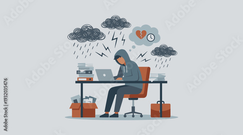 Vector illustration of a stressed man working on a laptop under dark rain clouds and lightning. Concept of mental health, depression, burnout, overwork, sadness, and emotional exhaustion.