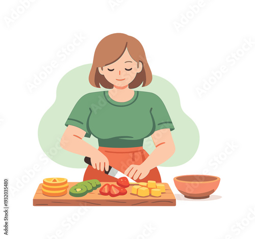 Calm person slices fruit on a board for snacks, knife steady, colorful pieces arranged neatly, bowl nearby, calm kitchen scene. |
