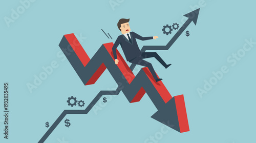 Businessman in suit sliding down a large red downward arrow representing financial loss, market crash, and career risk. Concept of economic recession, business failure, and investment instability.