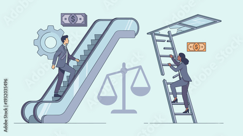 Gender Inequality and Career Discrimination Concept with Man on Escalator and Woman Climbing Broken Ladder to Glass Ceiling, Representing Pay Gap and Unequal Professional Growth Opportunities