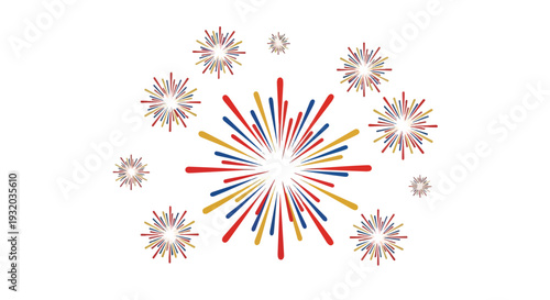 Colorful firework design with red, blue, and yellow streaks exploding from a white center on a plain white background with a festive and celebratory mood.