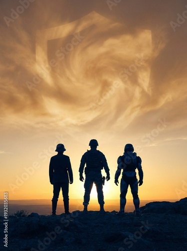 Three silhouetted figures standing against a swirling sunset sky  