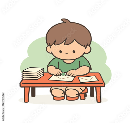 Child Stamping Envelopes. Fresh child places stamps onto envelopes at a small table, lining corners carefully as papers rest