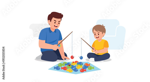 Illustration of a man and a boy playing with colorful fishing game on a mat indoors.