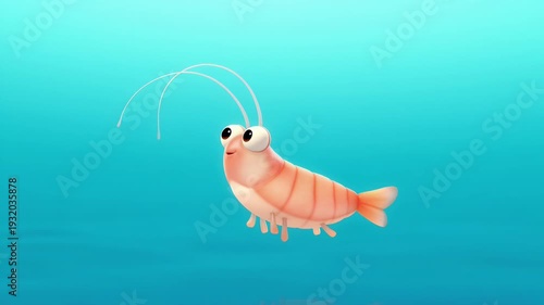 Cartoon shrimp swimming in aqua blue background digital animation for kids education animated character sea life