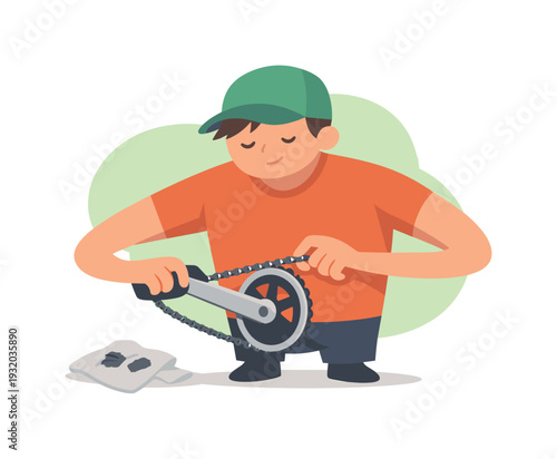 Light mechanic checks a bike chain, fingers turning pedals as links align and grease marks rest on a cloth nearby today outdoors