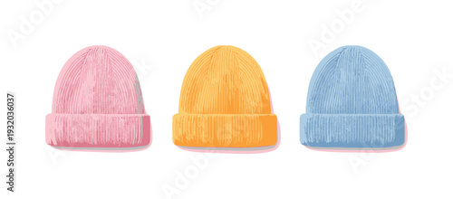 Changing seasons metaphor symbolized by a soft beanie hat with folded cuff forming a compact cozy emblem, same silhouette echoed