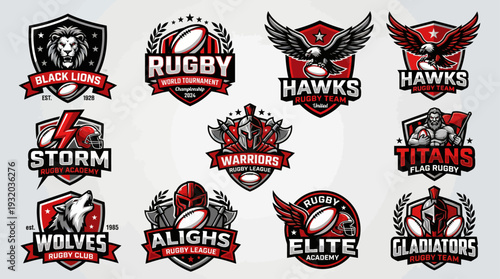 Modern Rugby Logo Collection – Professional Red Black Sports Badge Vector Design