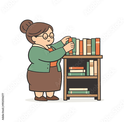 Gentle librarian stands by a shelf organizing books, arms lifting volumes as spines align neatly and quiet order fills the space