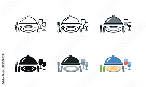 Set dining table with covered plate, cutlery, and wine glasses in various styles