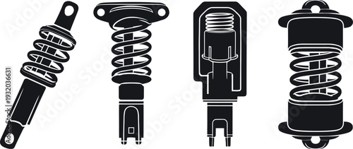 Shock absorber and car suspension spring silhouette icon set vector