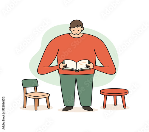 Bright person opens a book and pauses to look down at the first page while a chair and table sit nearby. | opening book reading,