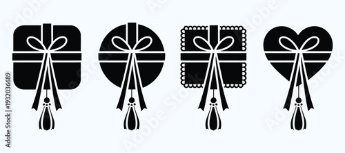 Gift box icon set. silhouette presents with ribbon bow and tassel vector illustration