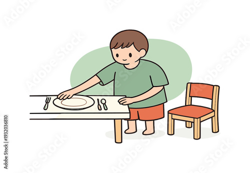 Quiet child sets the table for dinner, placing plates carefully as cutlery aligns and a chair waits nearby on clean floor today !