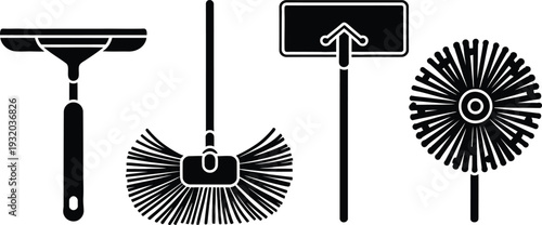 Professional Cleaning Tools and Equipment Silhouette Icons Set for Janitorial Services
