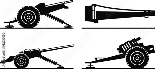 Set of Towed Artillery Howitzer and Military Cannon Silhouettes