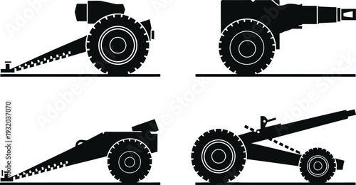 Set of Towed Artillery Howitzer and Military Cannon Silhouettes