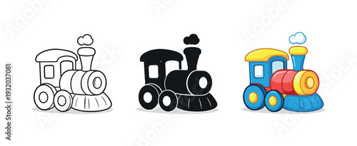 Collection of three cartoon train illustrations: outline, silhouette, and full color