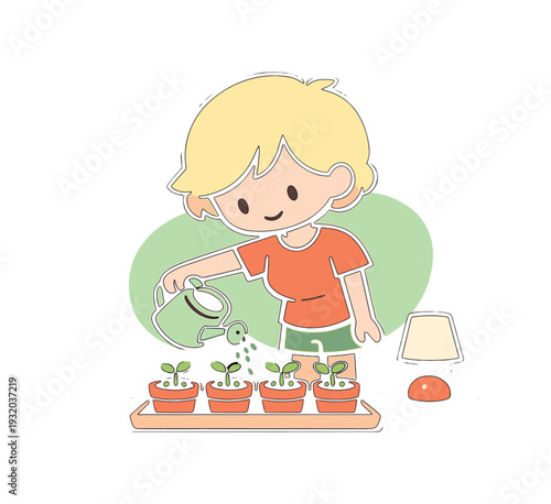 Sunny child waters sprouts in small pots, can tilted gently, tiny leaves fresh, tray on table, light calm nearby. | watering