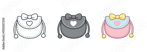 Cute cartoon handbag designs with bows and hearts in outline, grayscale, and color